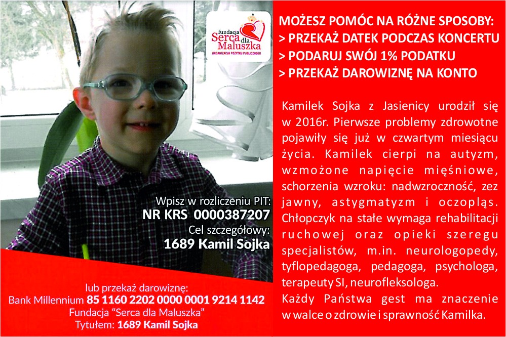 Plakat dotyczący zbiórki na leczenie Kamilka.