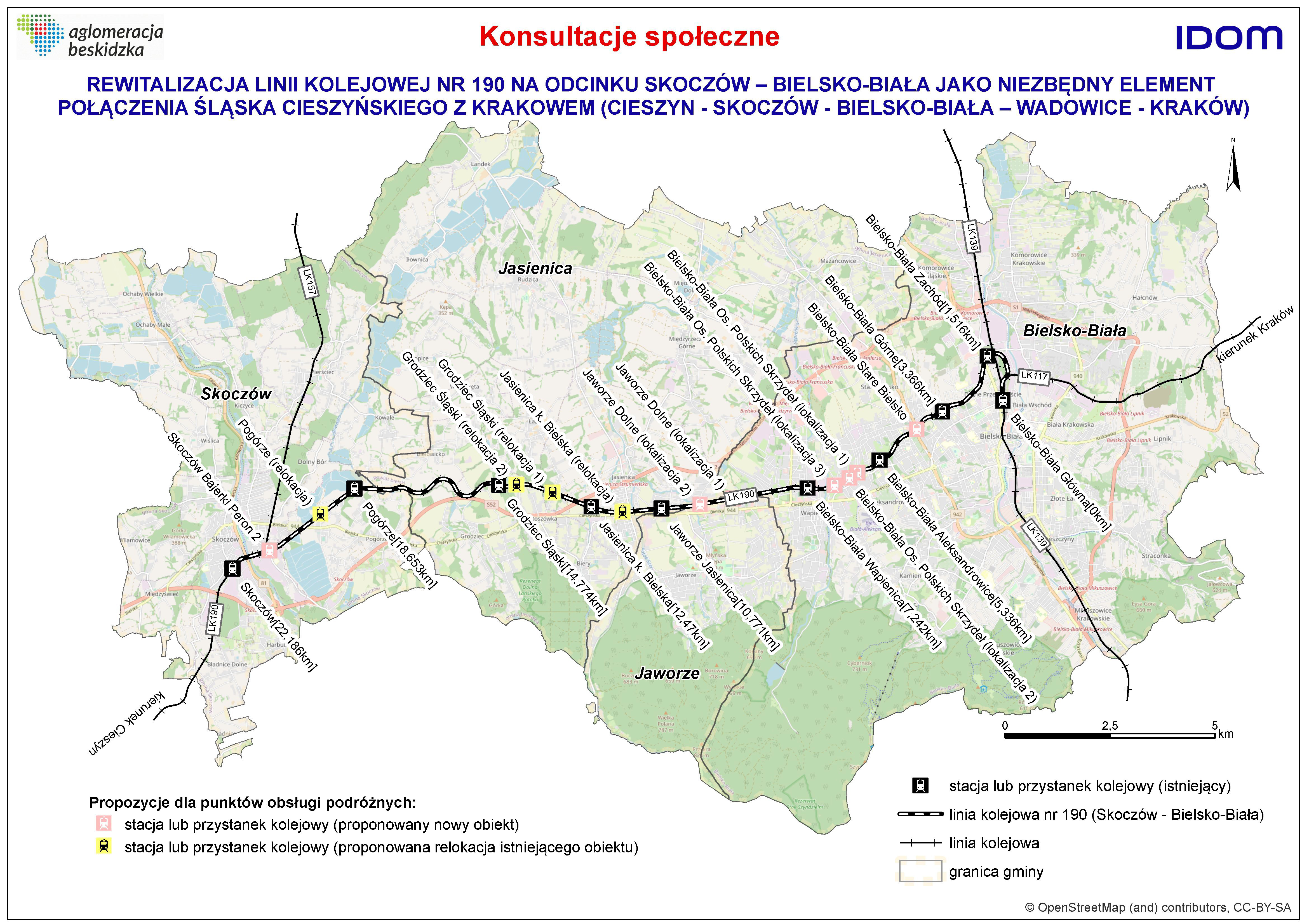 Mapa z wyznaczoną trasą linii kolejowych w planowanym przywróceniem połączenia pociągów pomiędzy Bielskiem, a Skoczowem.