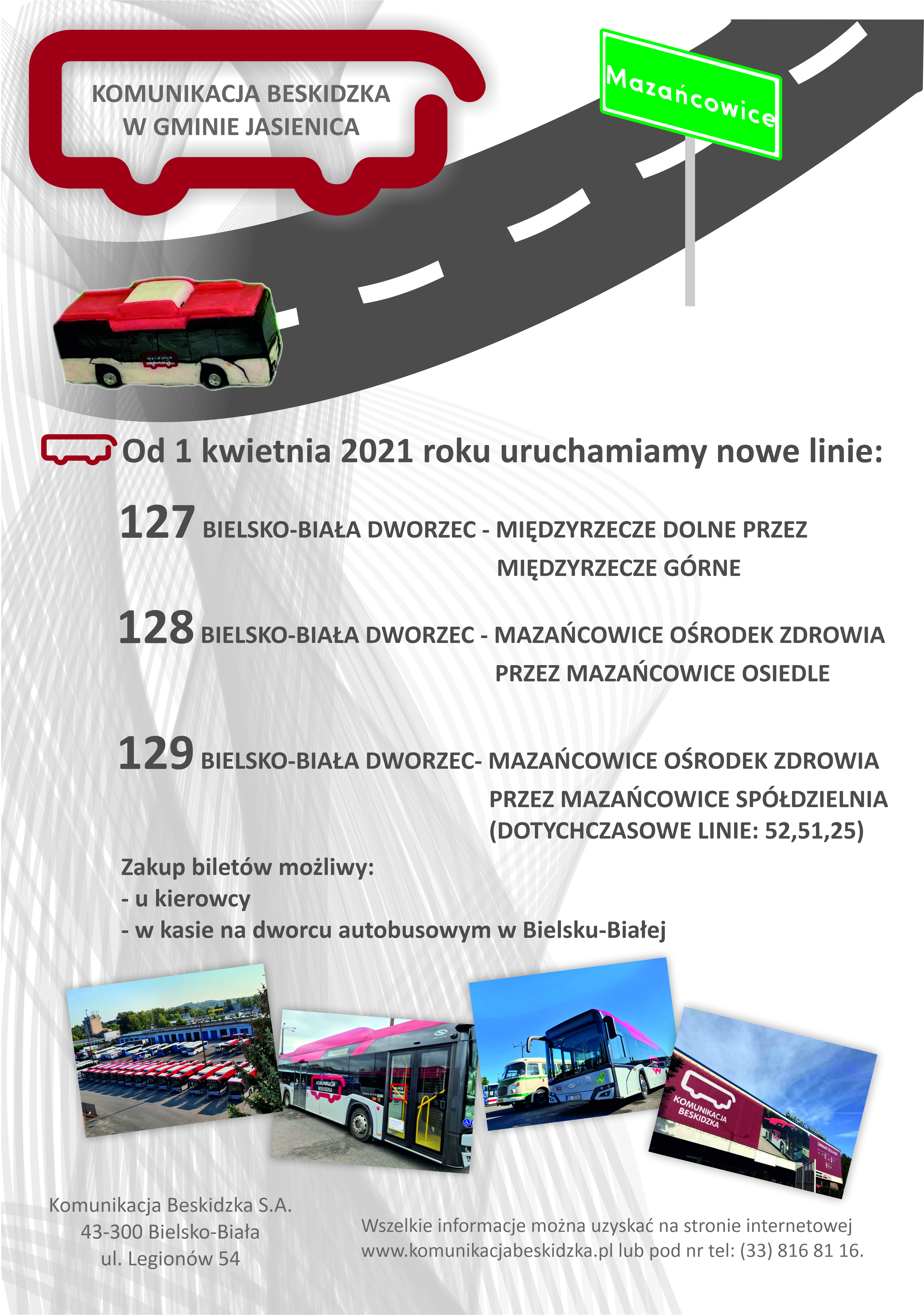 Plakat Komunikacji Beskidzkiej o liniach autobusowych.