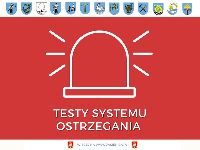 Plakat z herbami wszystkich sołectw w gminie Jasienica. Grafika alarm z napisem Testy systemu ostrzegania.