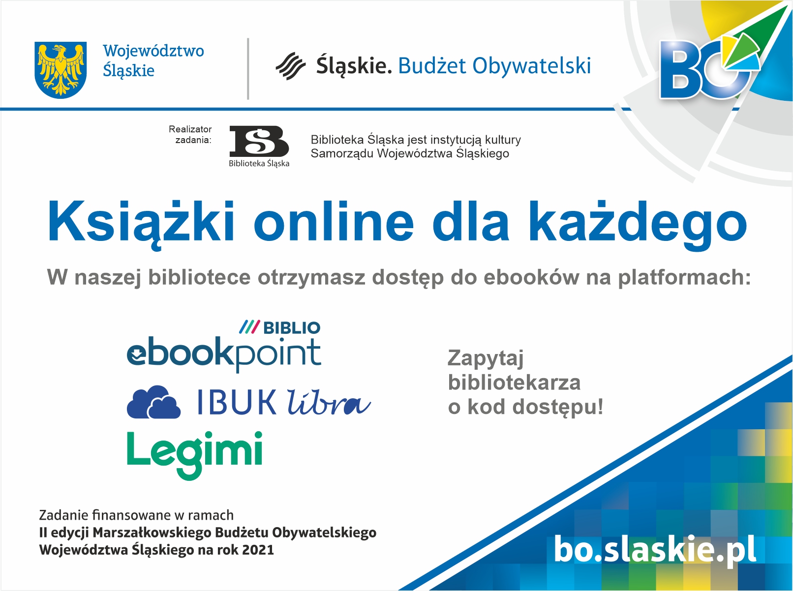 Plakat biblioteki informujący o bezpłatnych ebookach.